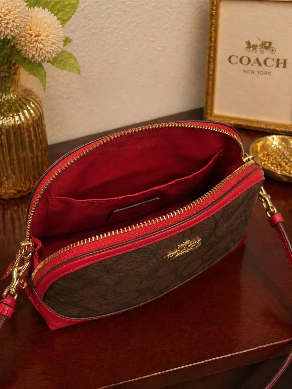 Coach Dome Crossbody in Signature Brown Coated Canvas & True Red Leather Trim - Picture 8 of 11